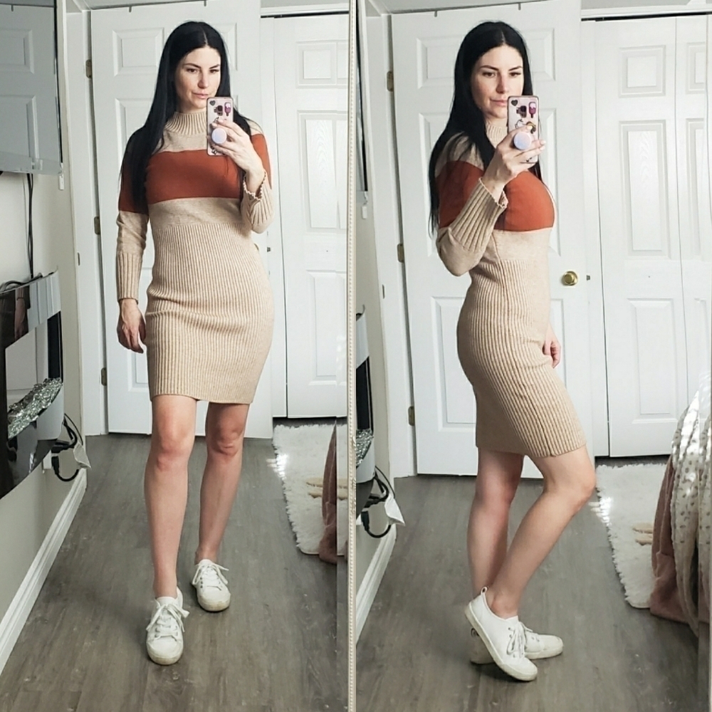Maje * Wool Blend Beige Rust Stripe Dress * Sz S